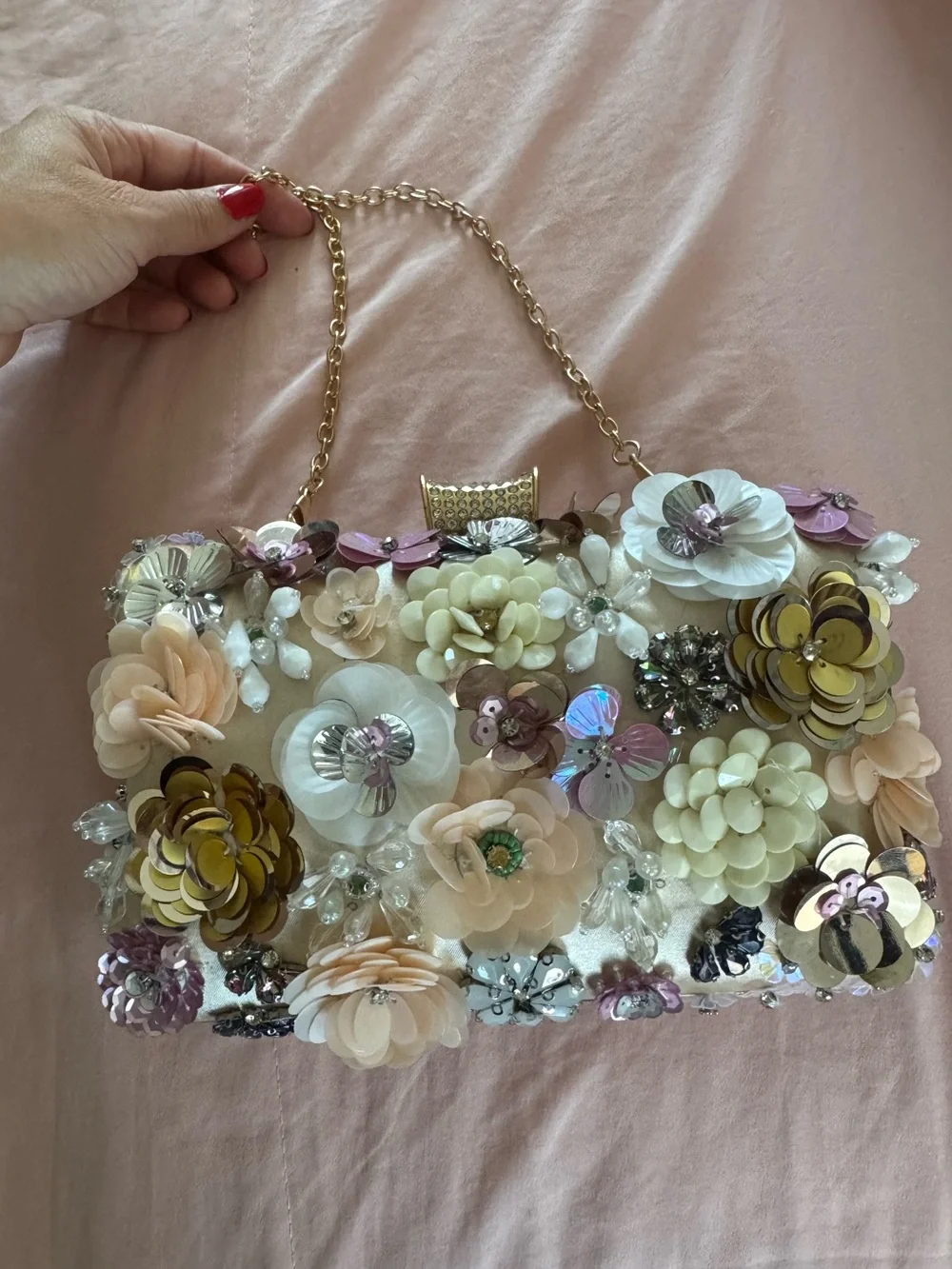 Embellished Floral Evening Clutch - Ivory & Gold
